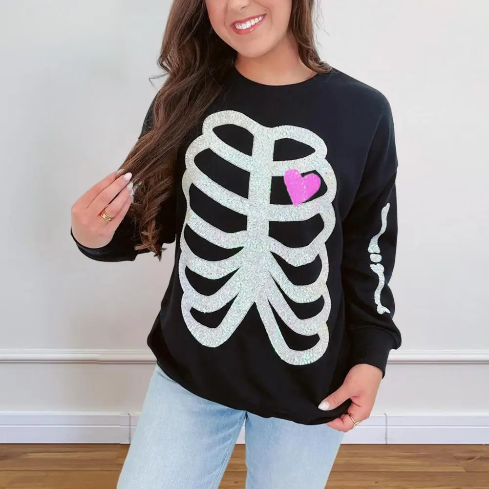 Women Sweatshirt Skeleton Pattern Sequin Decor Long Sleeves Sweatshirt Loose Elastic Cuffs Pullover Sport Fall Spring Top