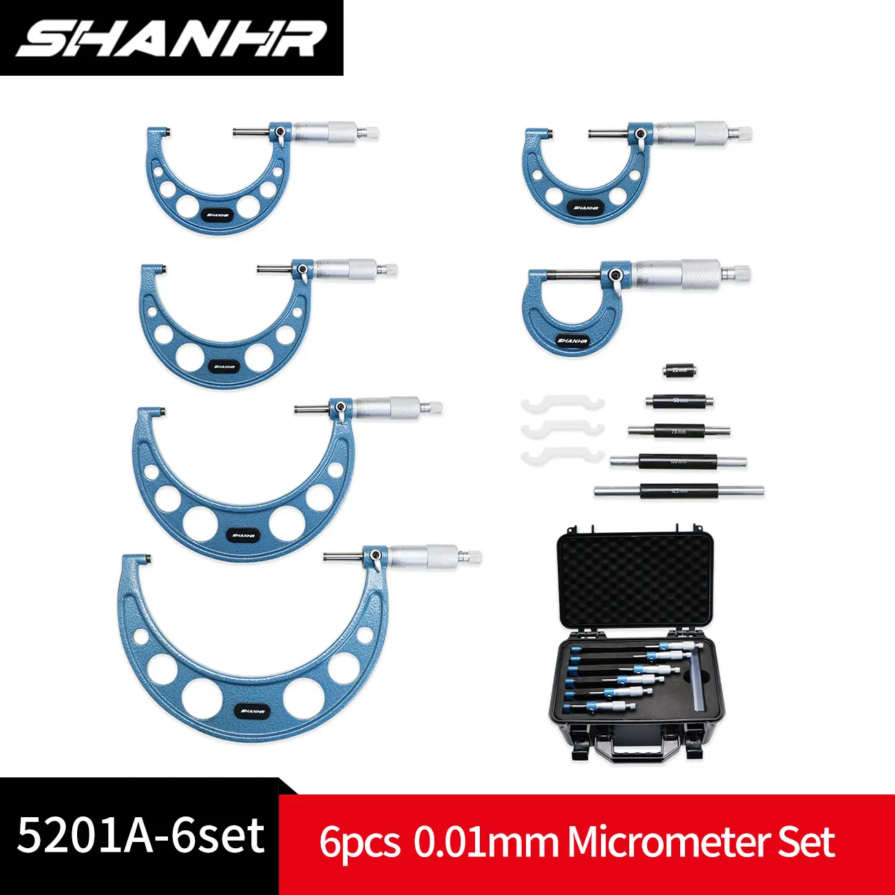 SHANHR 0-25mm-50mm-75mm-100mm-125mm-150mm Outside Micrometer Set with Standards Ratchet Stop 0-150mm Range 0.01mm (6 Piece Set)