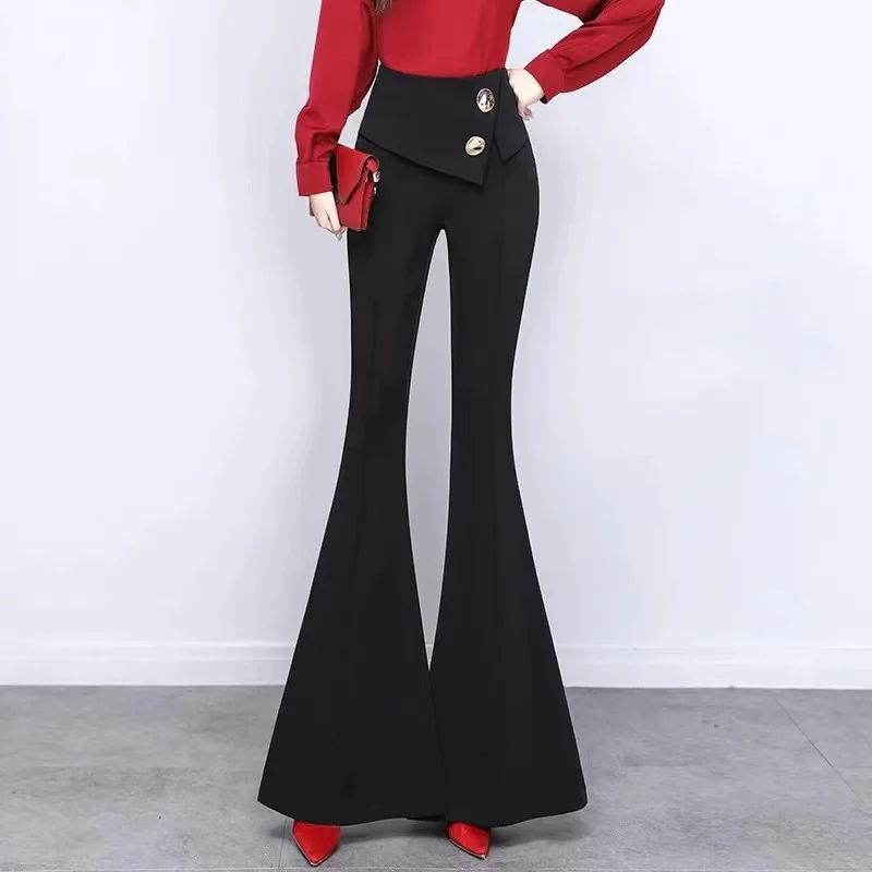 Gold velvet high waist big flared pants women\'s slim pants drape wine red trousers solid color elegant ladies plus size pants