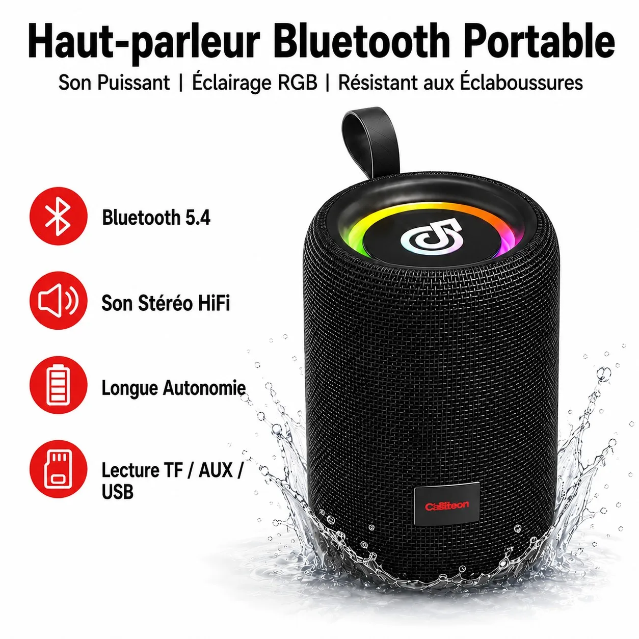 Haut-parleur Bluetooth portable, étanche IPX5, Bluetooth 5.4, son HiFi, lumière RGB, TF USB Type C pour le camping en plein air, la piscine
