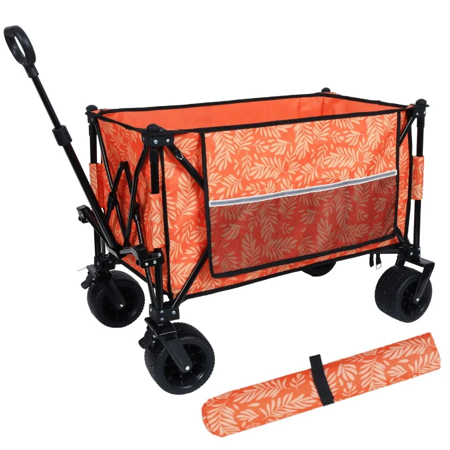

HeavyDuty 480lbs Folding Wagon Cart with Bonus Picnic Mat AllTerrain Beach Wheels Drink Holders Brakes Side Pocket for Camping
