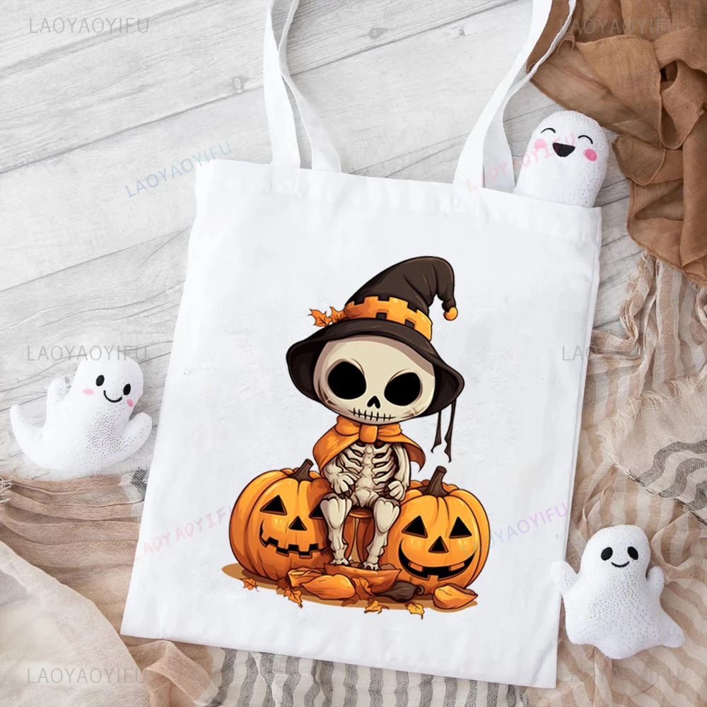 Halloween Dinosaur Trick or Treat Print Bag for KidsHalloween Tote Bags Women Harajuku Outdoors Handbag Eco-friendly Canvas Bag