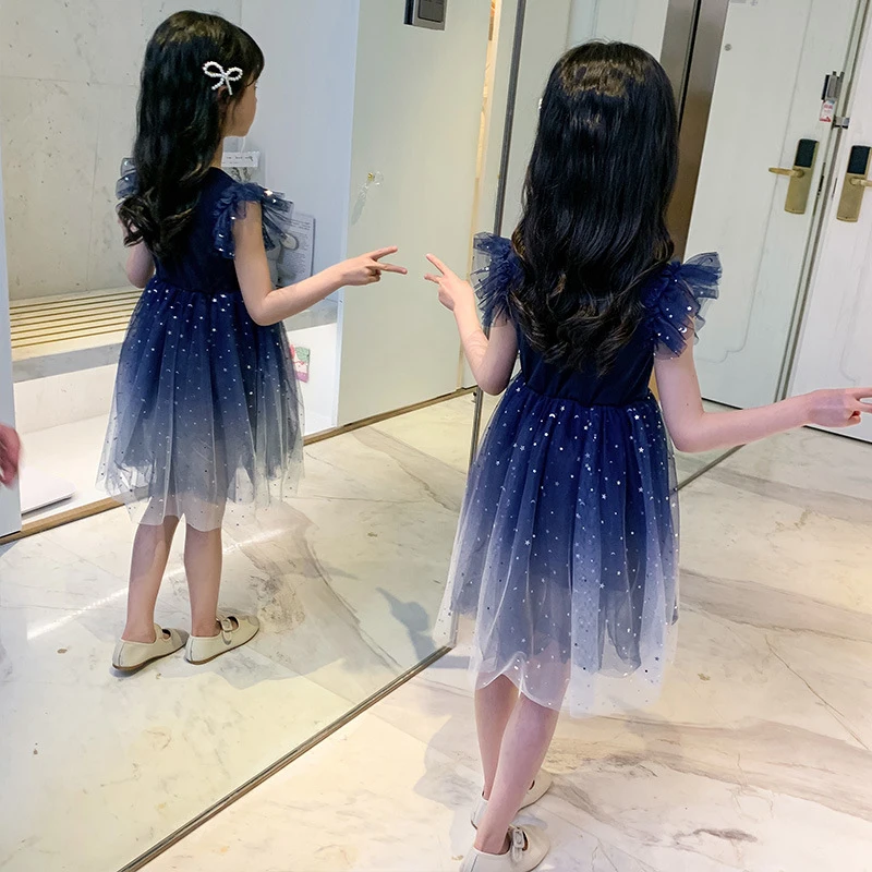 Summer Girl Dress Princess Star Sleeveless Tulle Girls Blue Sequin Tutu Dress for 4-8Y Kids Birthday Party Shaggy Dress Costume