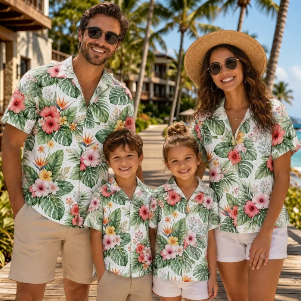 2026 Summer Floral Tropical Parent Child Hawaiian Shirt Tropical Floral Hawaiian Beach Vacation Style Parent Child Shirt Tops