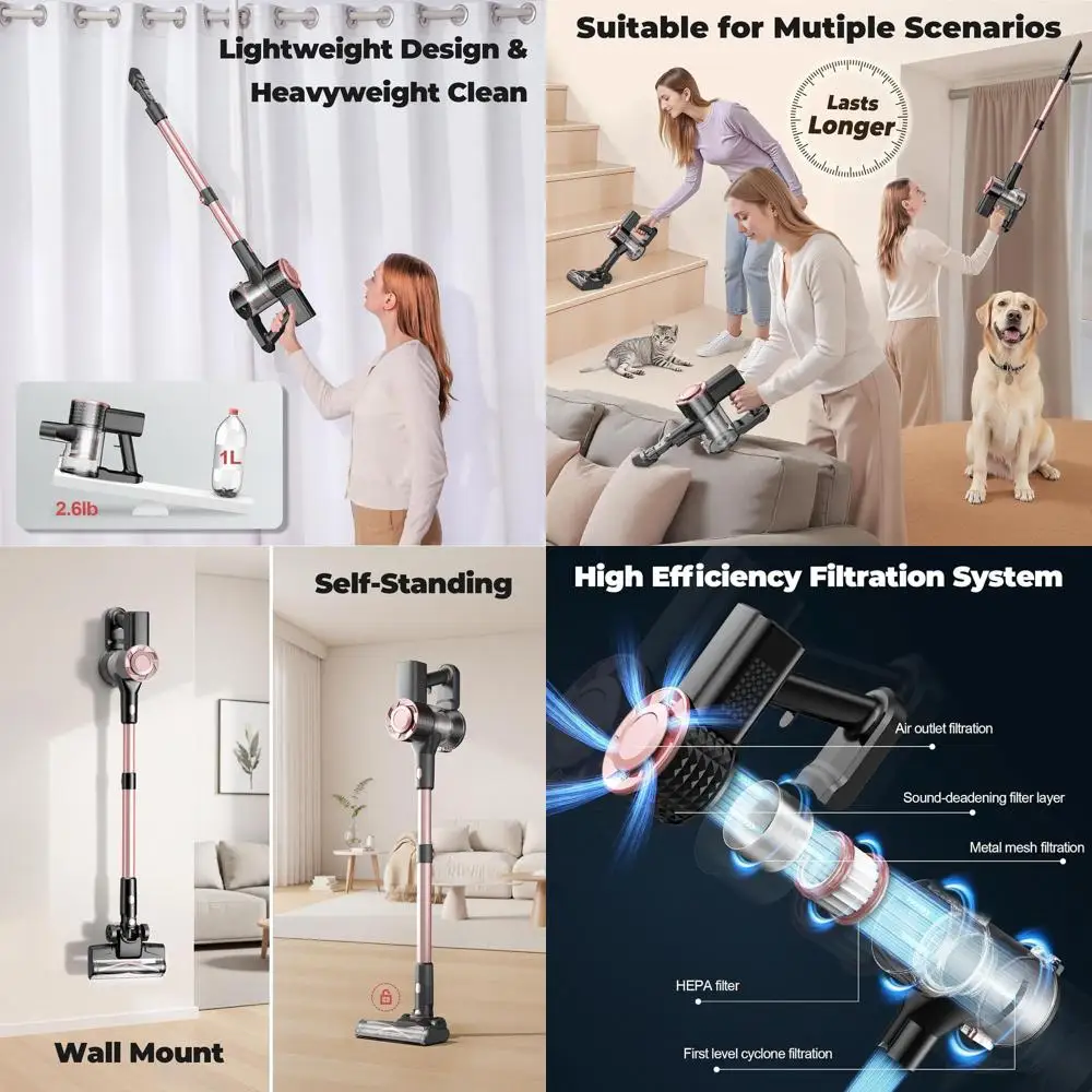 Portable Cordless Stick Vacuum Cleaner, Lightweight and Self-Standing for Multi-Surface Cleaning, Pet Hair Removal (Pink)