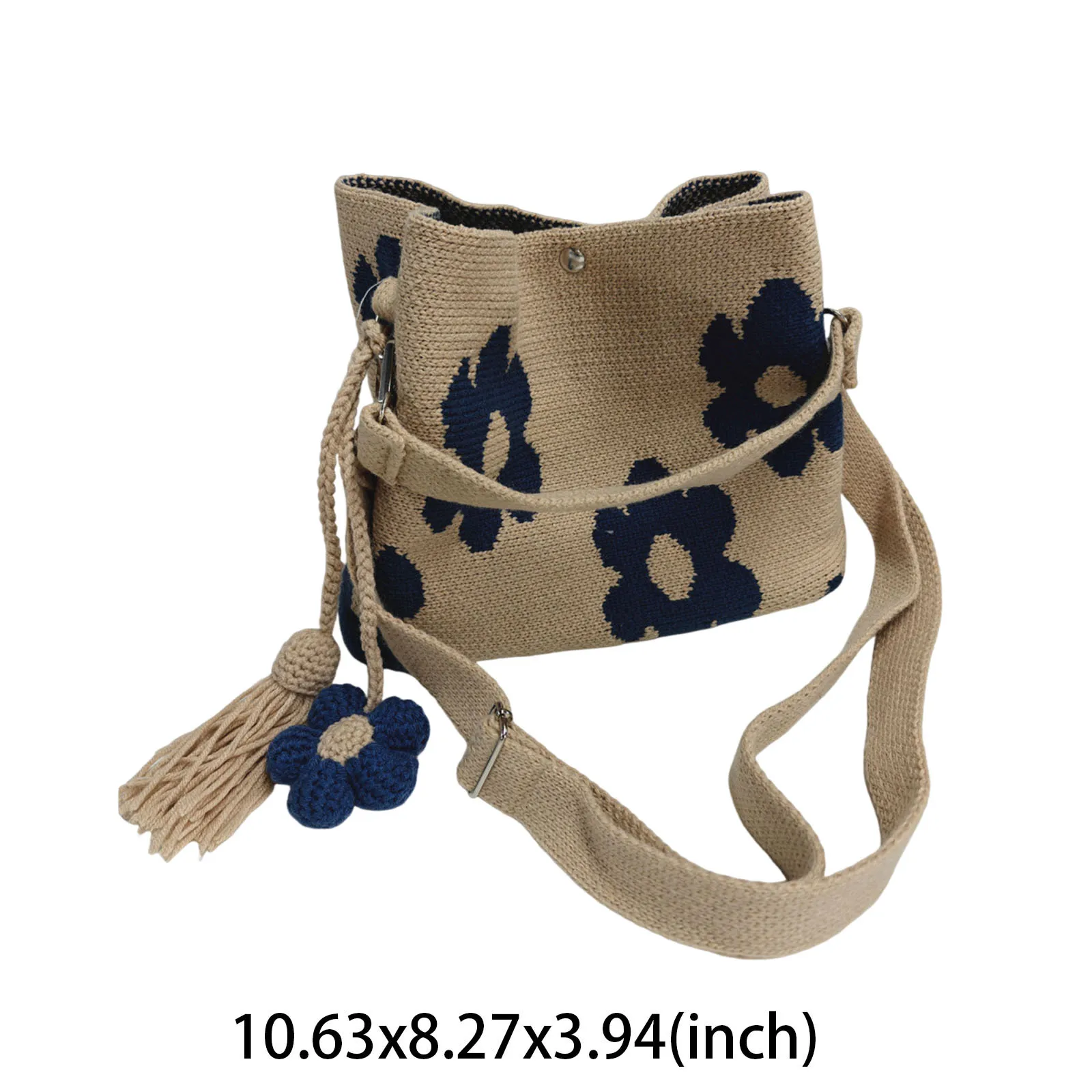 Embroidery Aesthetic Boho Bag Lightweight Needlepoint Barrel Drawstring Purse with Flower Tassel Hand-Crochet Woven Summer Beach Bag for Women Vacation (Blue) view 6