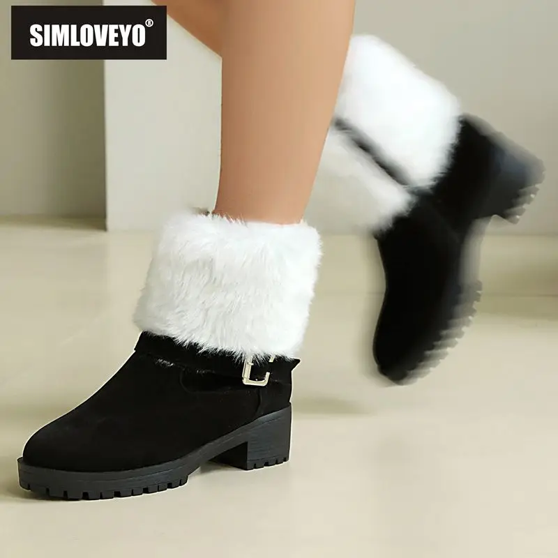 

SIMLOVEYO 2025: зимние теплые туфли до щиколотки с круглым носком на блочном каблуке 4,5 см, замша из флока на молнии, большой размер 41 42 43, повседневная обувь Routine Bota