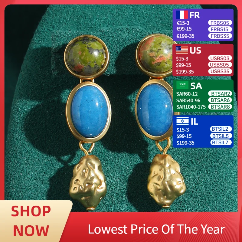 

Vintage Blue Drop Dangle Earrings Nature Stone Woman Statement Luxury Gold Color Gothic Style Jewelry Accessories Gift Wedding