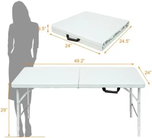 Folding Table 4 Foot Portable Plastic Foldable Table Adjustable Height with Carrying Handle for Dining Picnic Party Camping