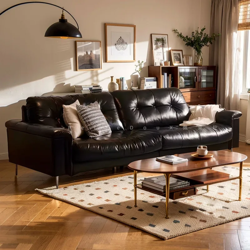 Nebula sofa living room first layer cowhide straight row small apartment black oil wax leather sofa