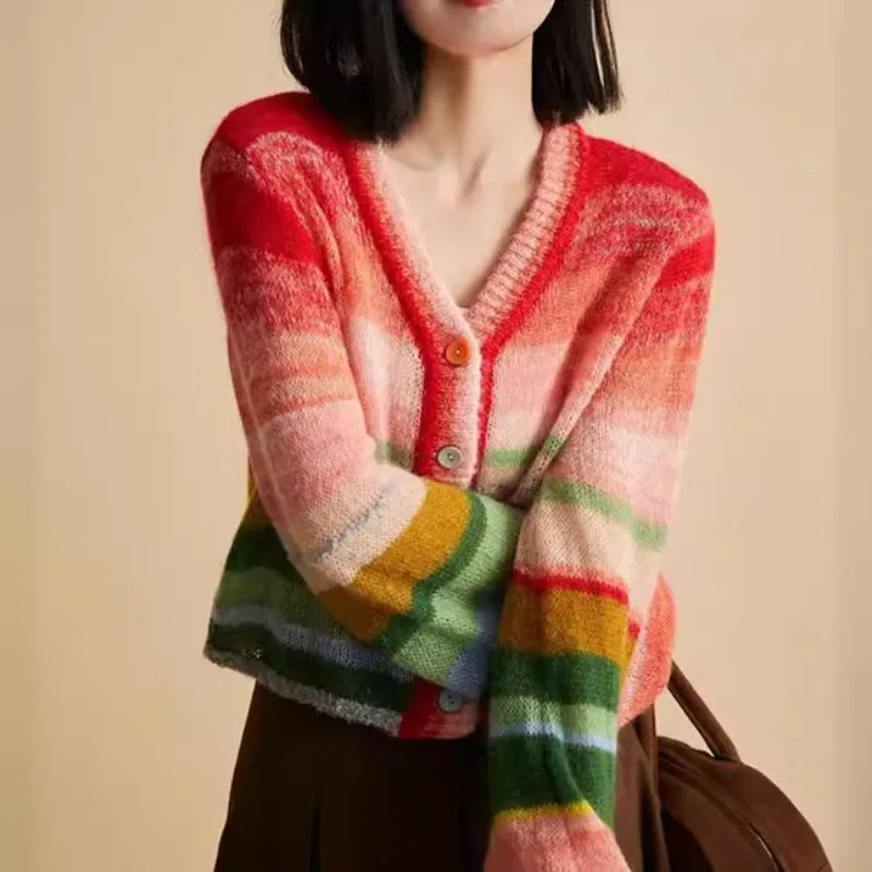 Rainbow Striped Sweater Women\'s Ultra-fine Mohair V-neck Loose Lantern Sleeves Sweet Gentle Versatile Knit Cardigan Top Women