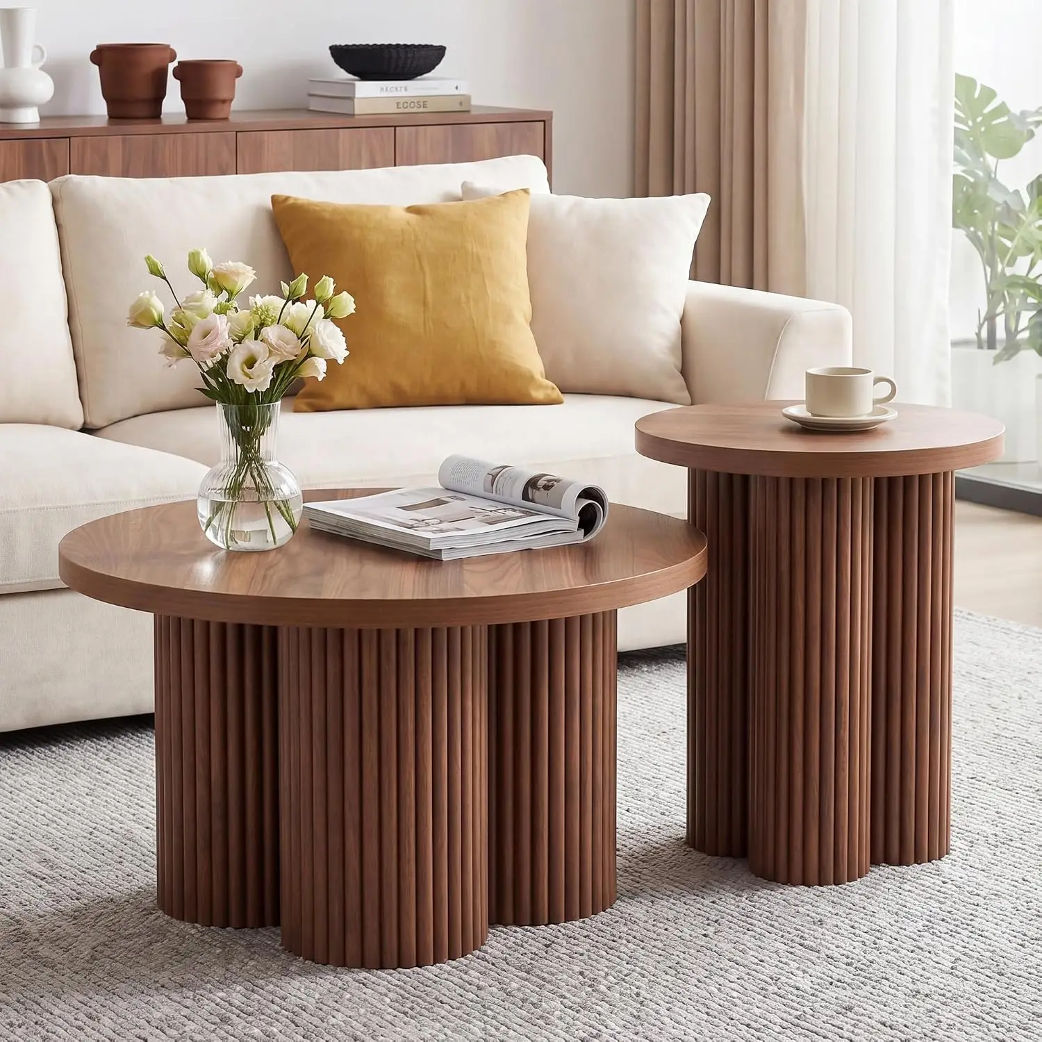 Nesting Coffee Tables Set of 2, Fluted Nesting Tables for Living Room, Multifunctional Round Coffee Table & Side, Customized