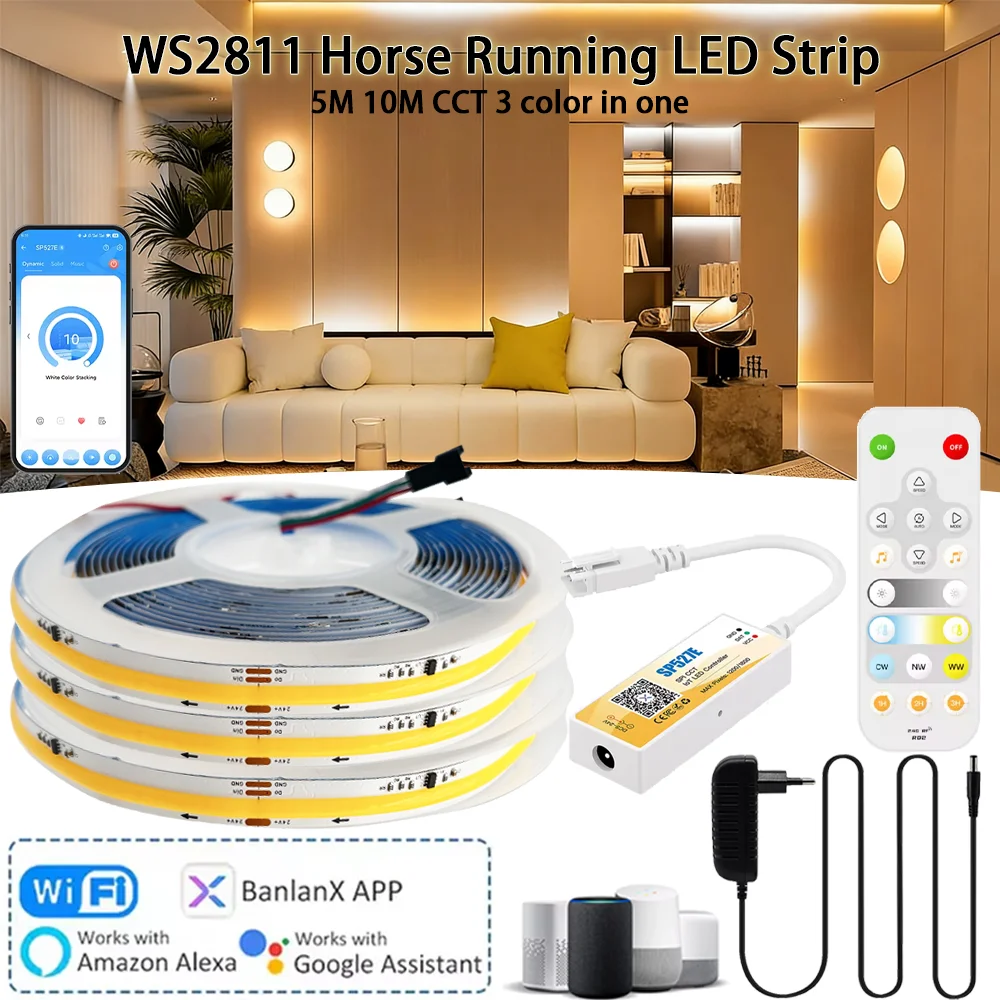 5M 10M WS2811 Flowing Water Led Strip 24V COB CCT Running Water Flowing Ribbon Tape Kit APP/Remote Control Wifi LED Controller