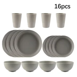 Grey 4Pcs/16Pcs Wheat Straw Dinnerware Set Bowl Cup Dish Set Portable Tableware Set Kits for Home Party Picnic Camping