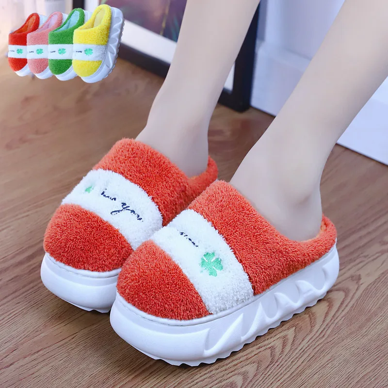 Green Leaf Thick Sole Furry Slippers Girls Indoor Flip Flop Winter Slides Fuzzy Slippers Woman Platform Home Shoes Warm Slippers