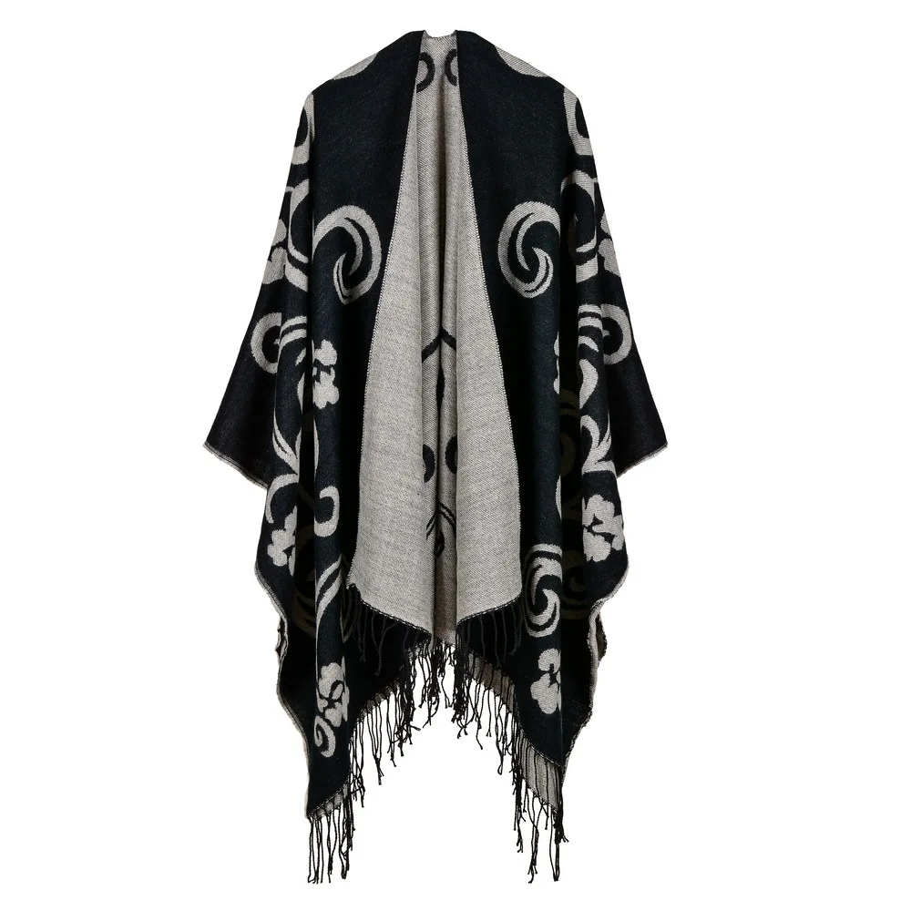 Women's  Tassel Imitate Cashmere Shawl  Autumn Winter Can Be Thickened Wear on Both Sides Lady Ponchos Capes Black