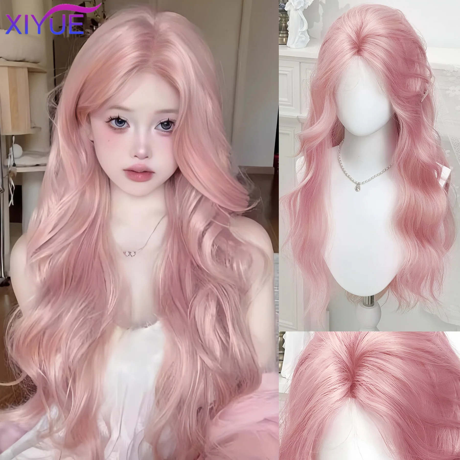 XIYUE  Light Pink Synthetic Hair Wigs Long Wavy Natural Hair Wigs with Bangs for Women Cosplay Lolita Wig Heat Resistant