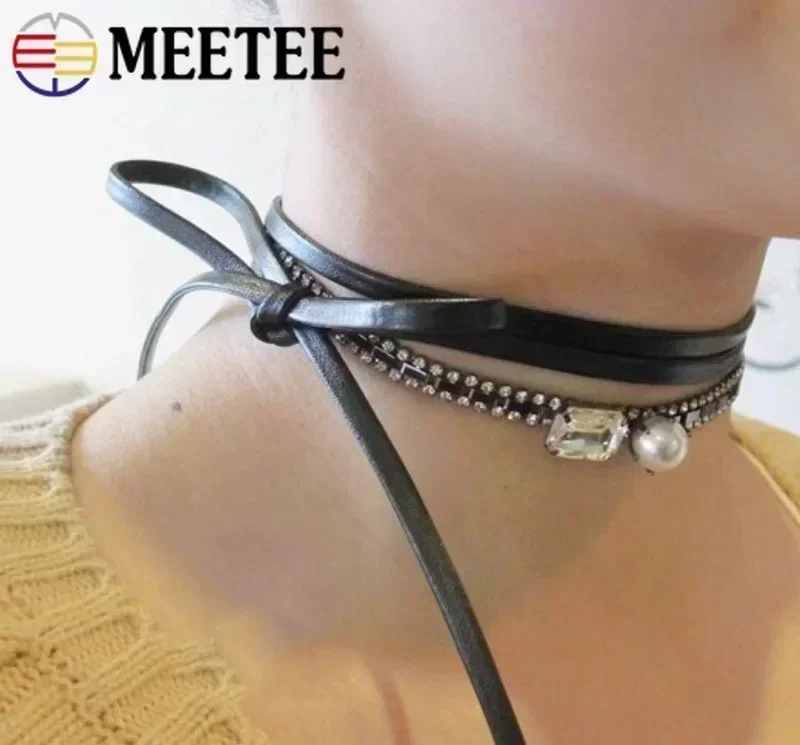 Meetee 5/10M 3-50mm Black Soft Flat Leather Cord String Rope DIY Necklace Bracelet Jewelry Making Clothes Bags Edge Accessories