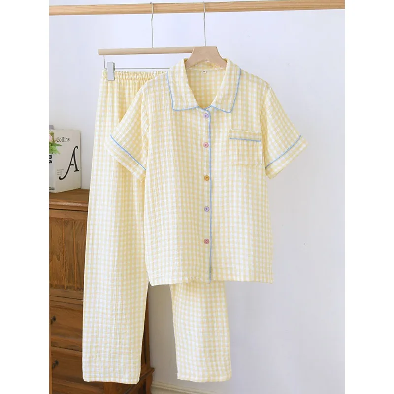 2pcs Women's Pajama Set Cream Yellow Plaid 100% Cotton Gauze Short Sleeve Long Pants Lightweight Soft Outdoor Wear Loungewear Fo