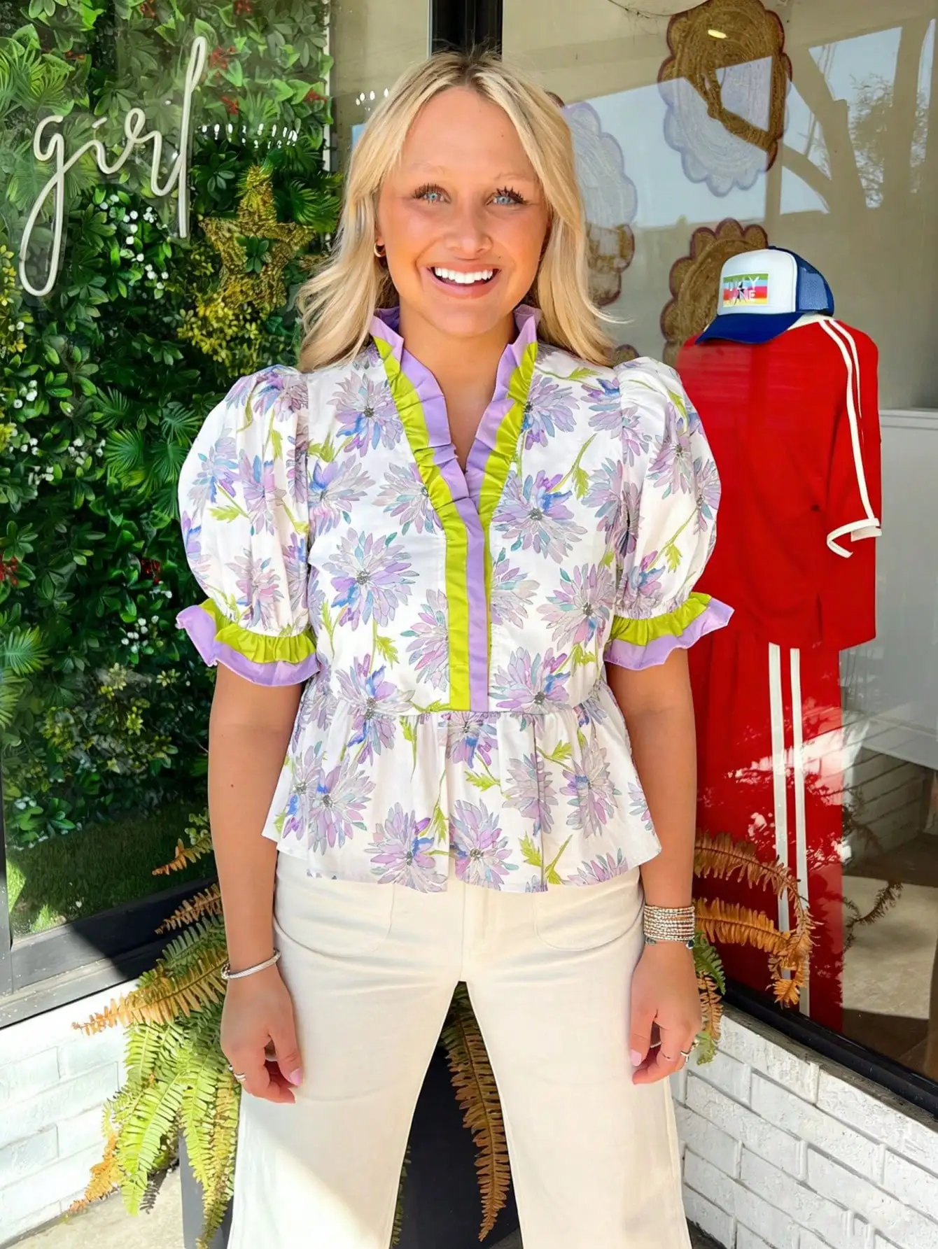 

Women's Floral Blouse With Stand Collar Puff Sleeve Ruffled Trim Office Casual Top