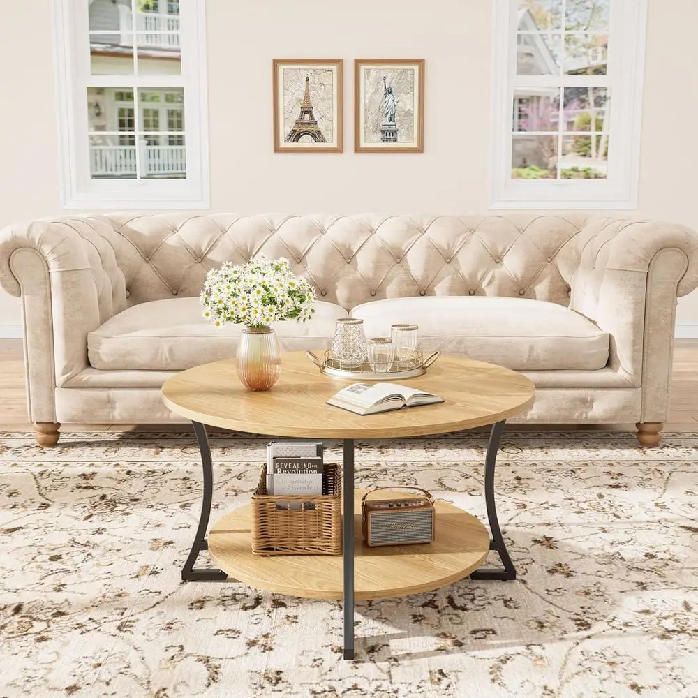 طاولة قهوة مستديرة لغرفة المعيشة 31.5 صديقة للتخزين، خشب، سهلة التجميع، طبيعية، قطر 31.5 × ارتفاع 17.7