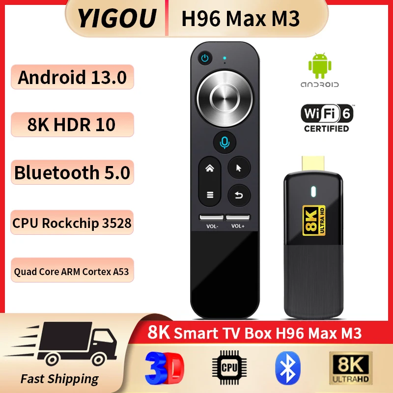

H96 Max M3 Android 13 TV Stick WIFI6 RK3528 TV BOX Support 8K Google Voice Control With Air Mouse Media Player Set Top Box