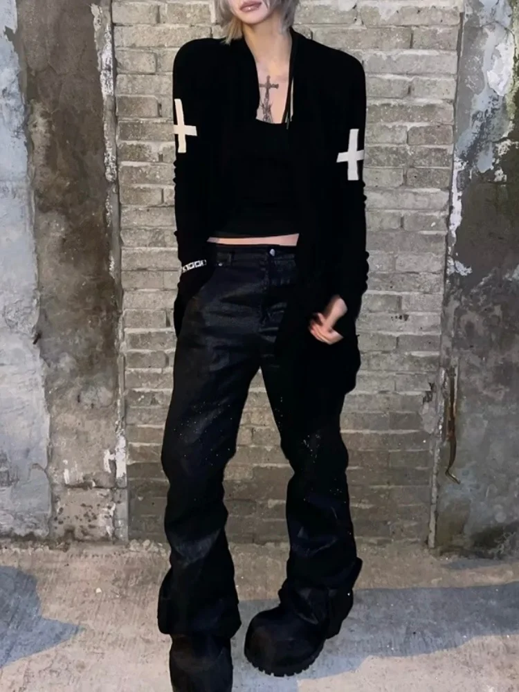 Gothic Vintage Y2k Punk Cross Long Sleeve Thin Knitted Cardigan Sweaters Women Men Cloth Streetwear 2000s Grunge Irregular Tops