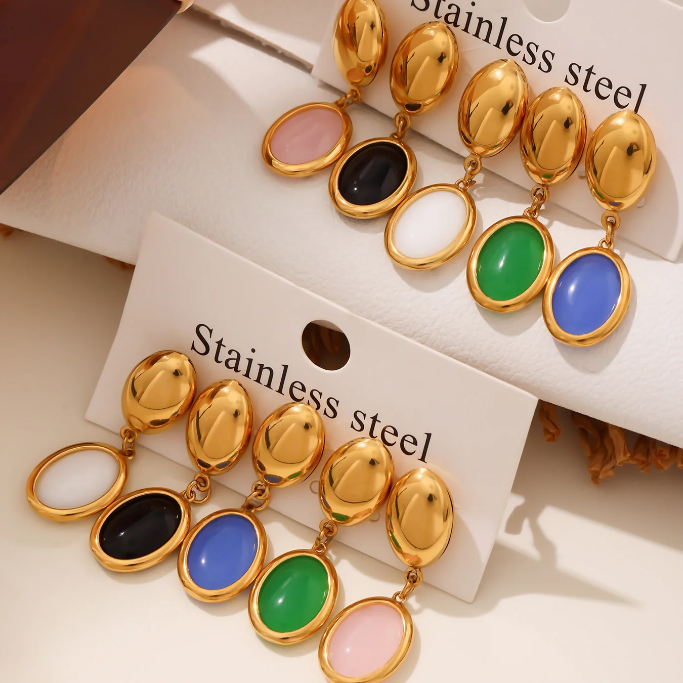 Liora Multiple Color Opal Charm Necklaces Bracelets Earrings For Women Oval Stainless Steel Brushed Engagement Jewelry Set
