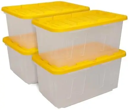 

2/4pc 27-Gallon Heavy Duty Clear Storage Container & Snap-Tight Lid,14.3”Hx20.6”Wx30.6”D,Weather-Resistant,Stackable,Gray/Yellow