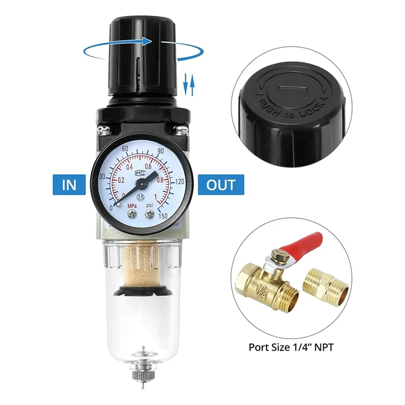 1/4 Inch Air Compressor Filter Regulator Combo AW2000-02 - Brass Elements, 150 PSI Max Pressure, Compact Design