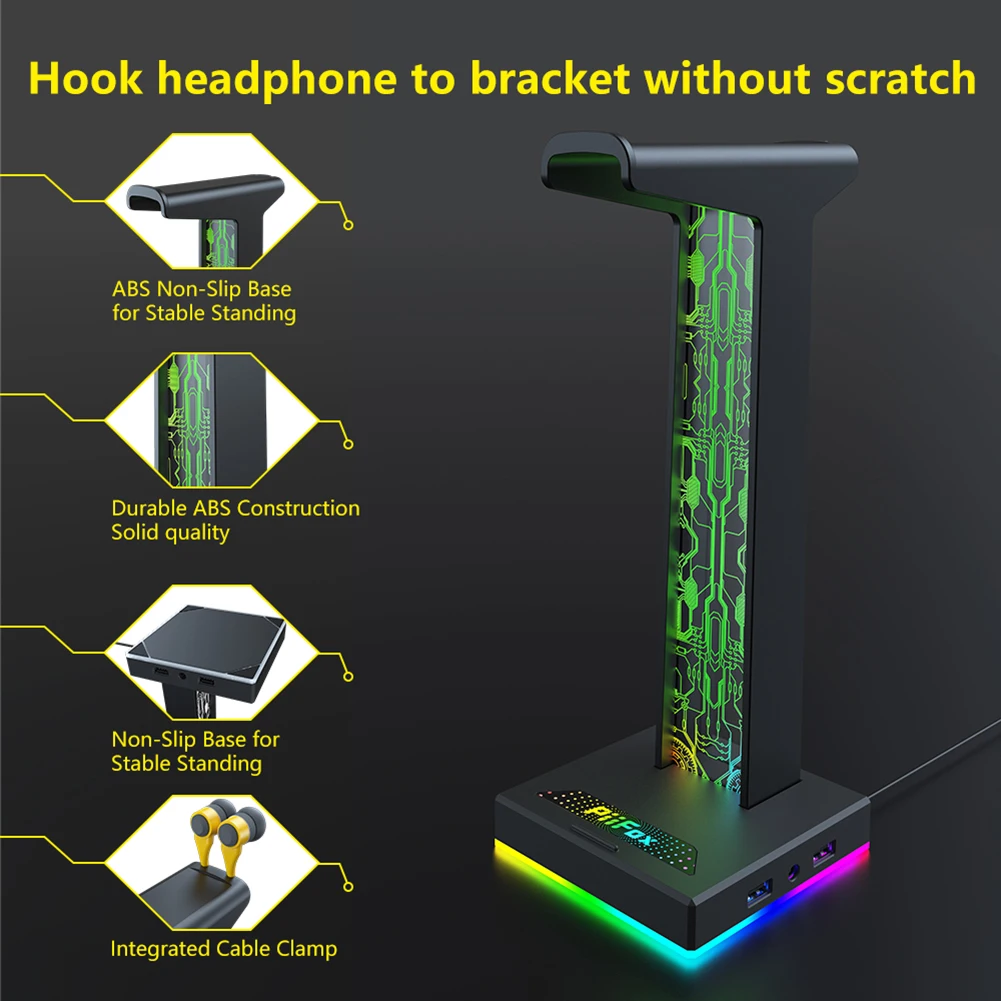 RGB Gaming Headphone Stand, Dual USB Port, Headset Holder, Cabide para PC Gamer, Porta De Áudio, 10 Efeitos De Iluminação, Desktop, 3,5mm