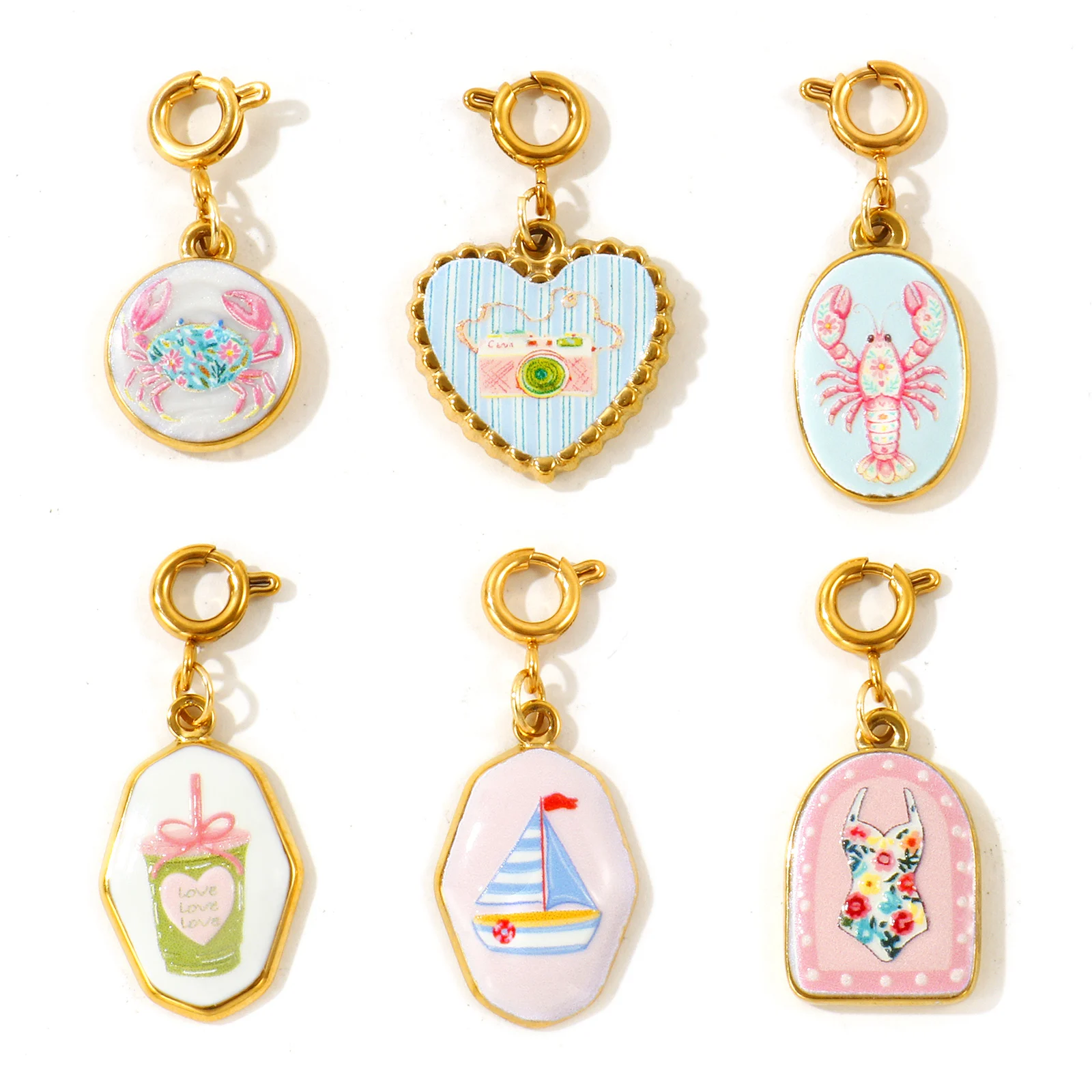 1pc Ocean Beach Charms 18K Gold Plated Crabs Print Round Stainless Steel Spring Clasp Pendant For Bikini Ornament DIY Jewelry