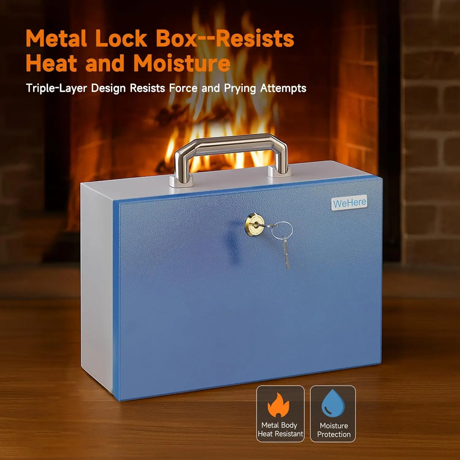 WeHere Locking Safe Box with Key, Heavy Duty Metal Lock Box for Cash, Documents, Valuables, Fireproof Bag, Portable Security Box