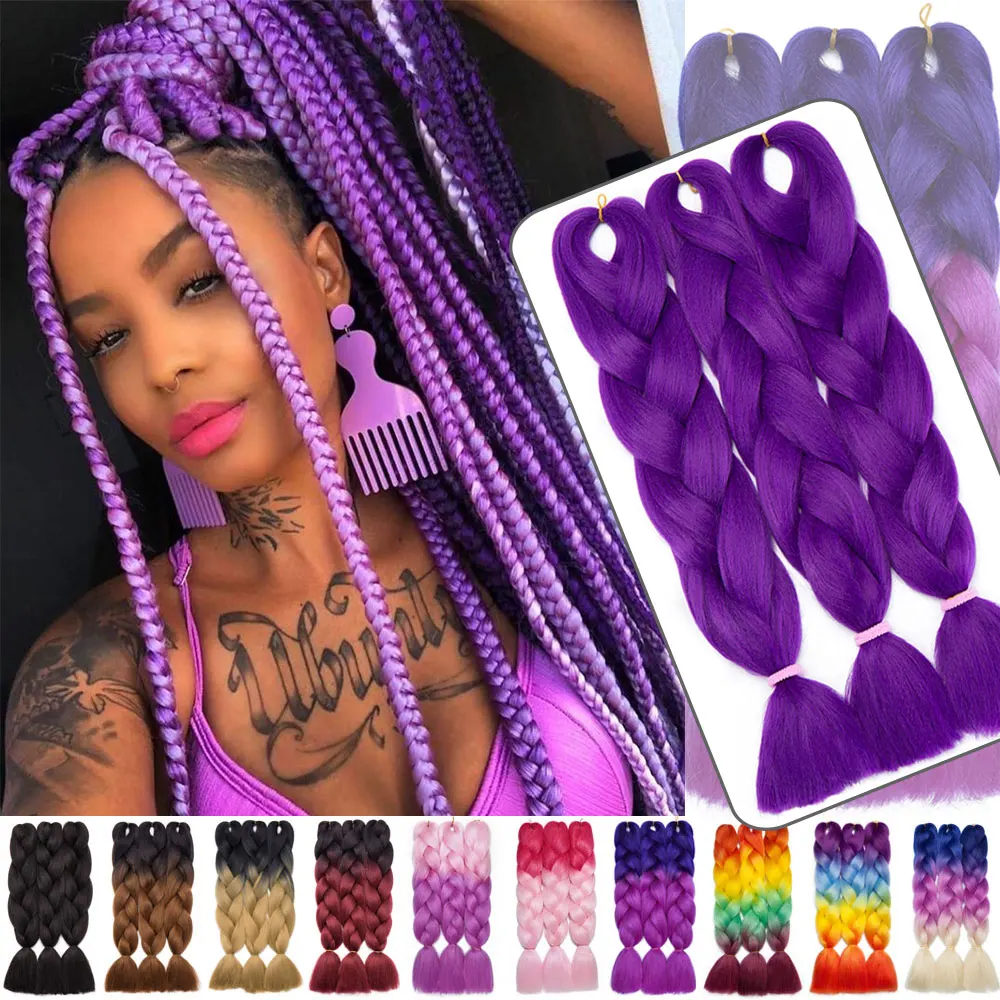 S-noilite Box Braiding Hair Pre Stretched Jumbo Braids Synthetic Braiding Hair Red Pink Blue Gray 24 Inch Afro Hair Extensions