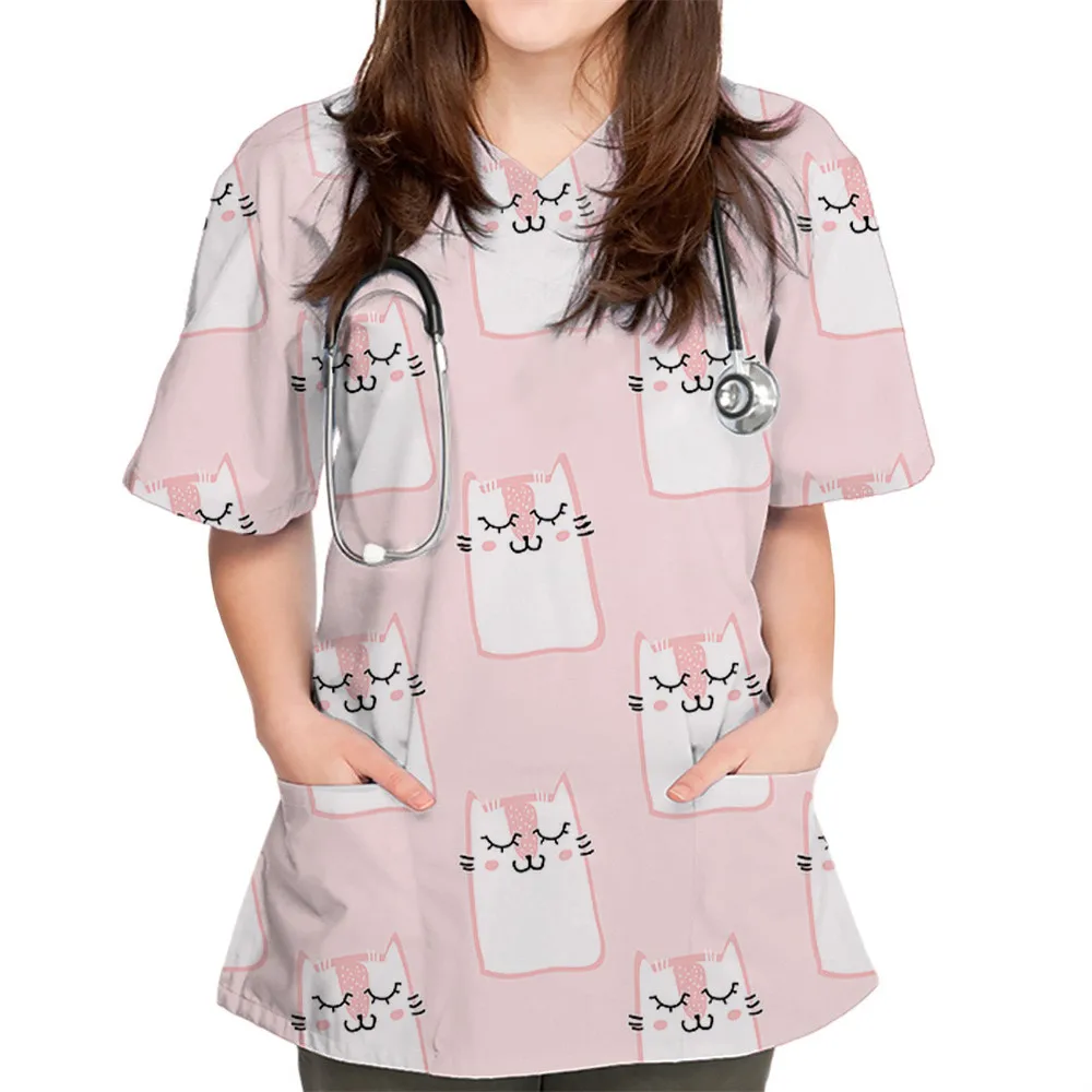 

Women's Cartoon Cat Print T-shirts Nurse Uniform Stretch V-Neck Short Sleeve T-shirt Tops With Pocket Work Uniform