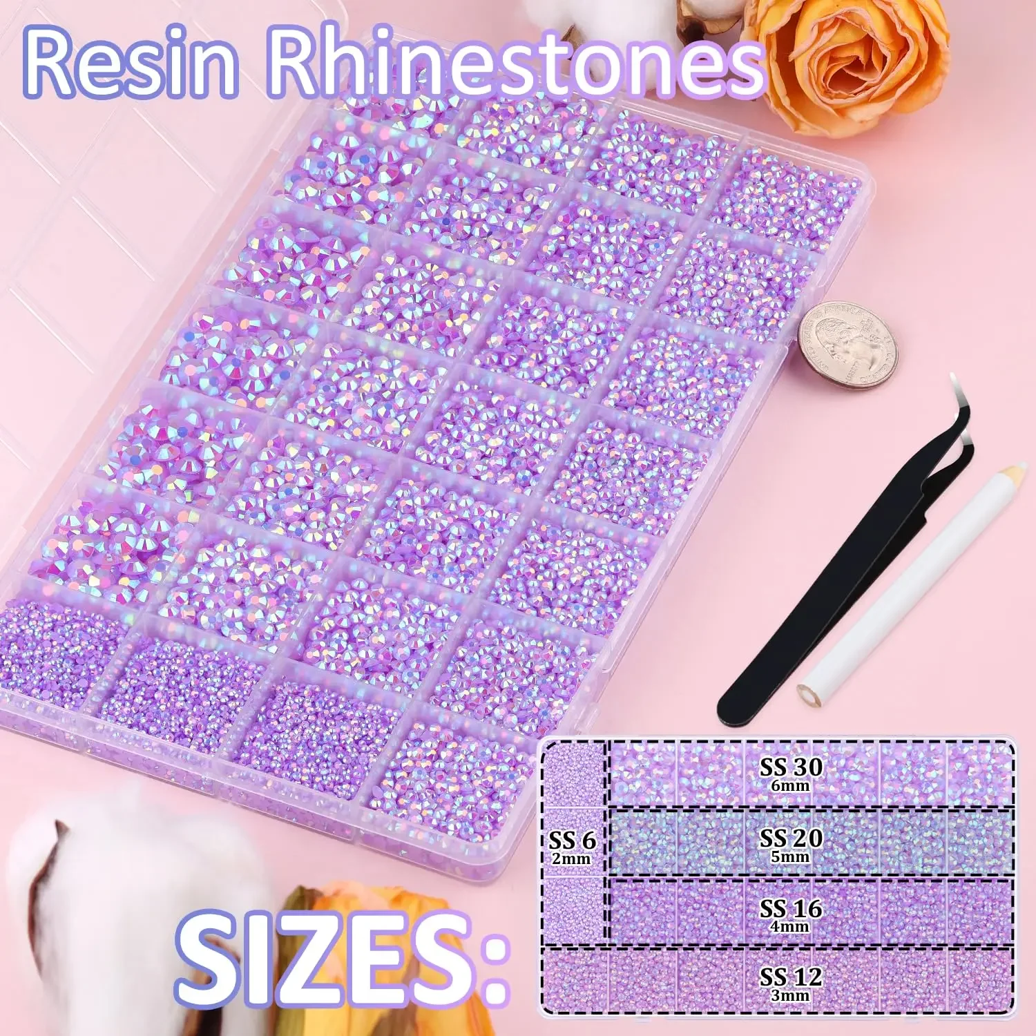 20000PCS Lt Purple Resin Flatback Rhinestones, AB Color 2-6mm Non Hotfix Craft Nail Gems with Pick Pen Tweezers Spoon Trays