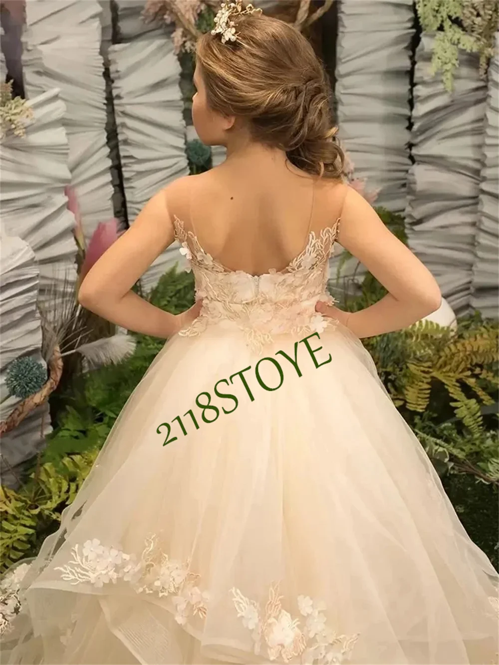 Cute Applique Lace with Ruffles Tulle Detachable Ball Gown Flower Girl Dresses For Wedding Toddler First Communion Kids Birthday