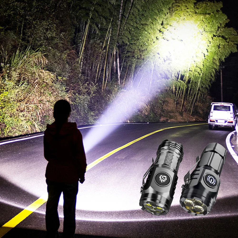 High Power LED Flashlight 3-Eyed Mini Flashlight USB Rechargeable Clip-on Torch Light Outdoor Emergency Work Lights for Hiking