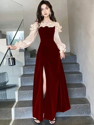 Women Red Velvet Luxury Dresses with Long Sleeves Autumn Winter Elegant Chic Wedding Dress 2024 Korean Vintage Festival Dresses