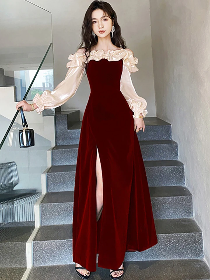 Women Red Velvet Luxury Dresses with Long Sleeves Autumn Winter Elegant  Chic Wedding Dress 2025 Korean Vintage Festival Dresses - AliExpress  200000345