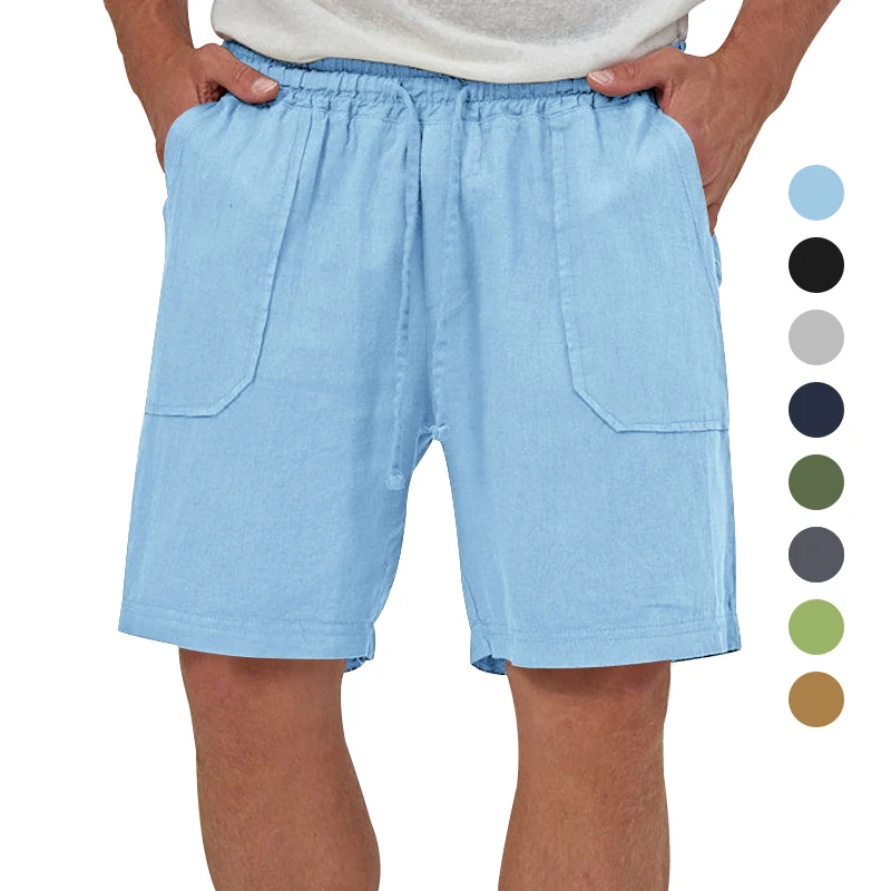 Cross-border summer new solid color cotton hemp men's shorts elastic waist shorts slimming beach beach three-point pants