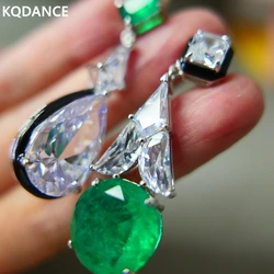 KQDANCE Luxury 925 Sterling Silver With Black Enamel Large Lab Emerald Green Stones Long Dangle AB Asymmetric Earrings Jewelry