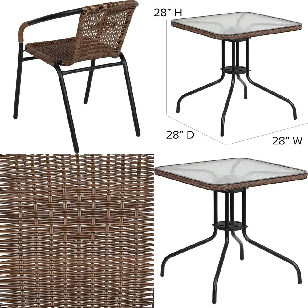 

28 Square Outdoor Patio Table Set with Glass Metal Bistro Table and 2 Stackable Rattan Chairs, Brown