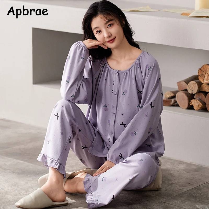 Women Cotton Pajama Sets Autumn Winter Long Sleeves Long Pants Pajamas Cute Ruffled Cuff Homewear Woman Cardigan Sleepwear