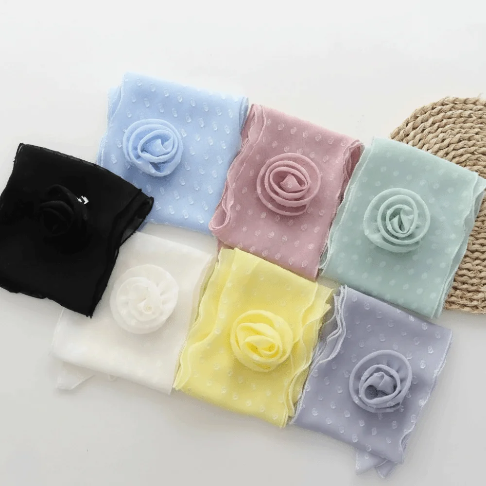 

Detachable Design Chiffon Scarf Rose Decor Thin Material Polka Dots Scarf Versatile Style High-end Feeling Long Scarf