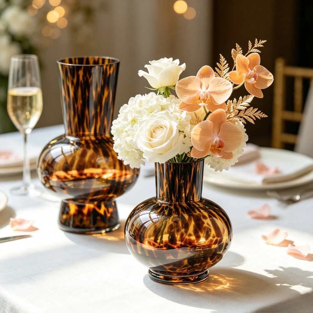 Retro Tortoiseshell Glass Vase Hand Blown Amber Leopard Print Glass Flower Vase for Living Room Table Home Decor