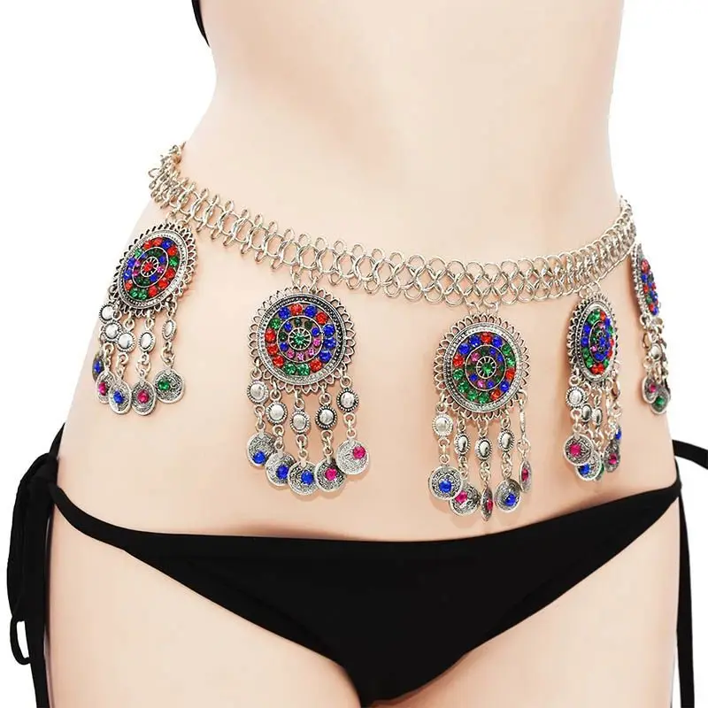 Belly Dance Dance Waist Chain Metal Fringed Pendant Hollow Inlaid Gemstone Alloy Waist Chain Ornament