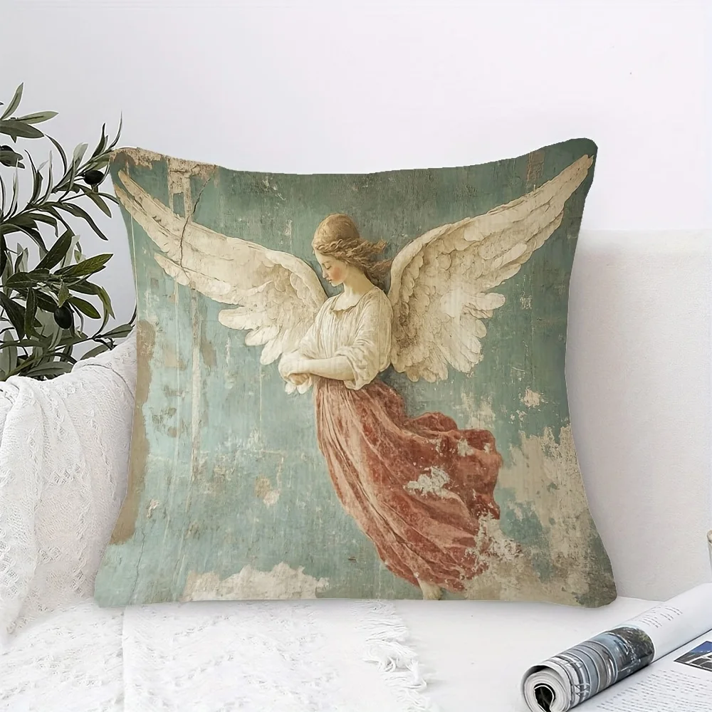 1pc Vintage Angel Oil Painting Throw Pillow Cover Rustic Farmhouse Decorative Cushion Case for Home Sofa Bedroom