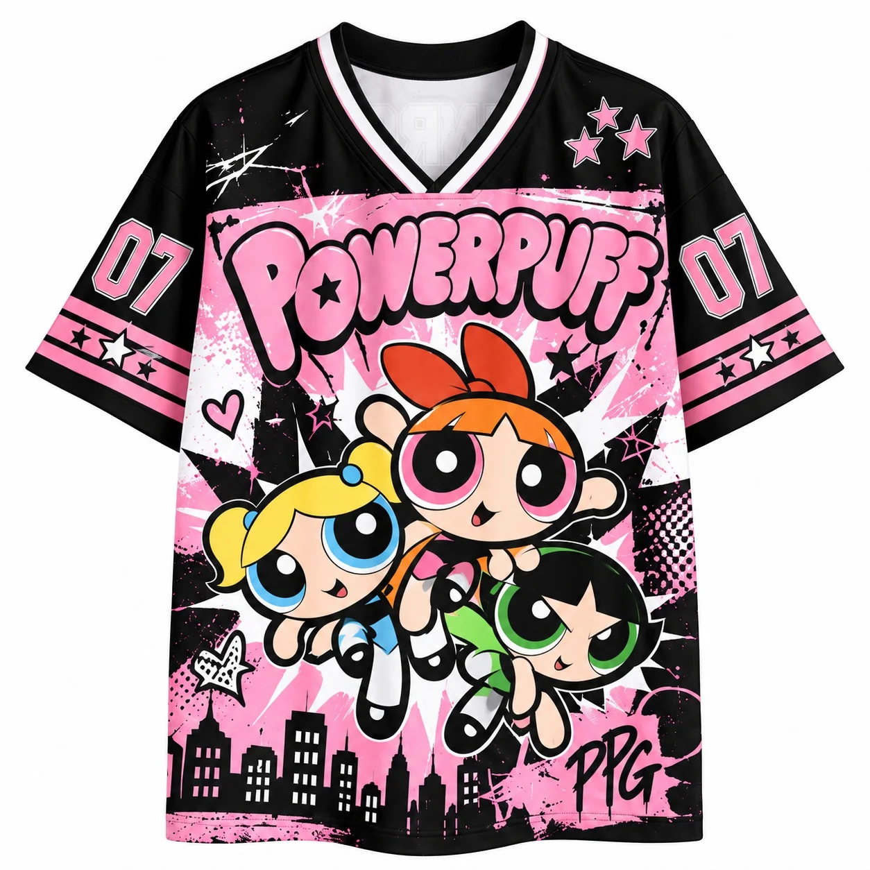 Powerpuff Girls Grafik-Trikot-Shirt für Erwachsene, Unisex, V-Ausschnitt, Cartoon-Streetwear, Y2K-Sportstil, lässiges Oberteil – Detail 7