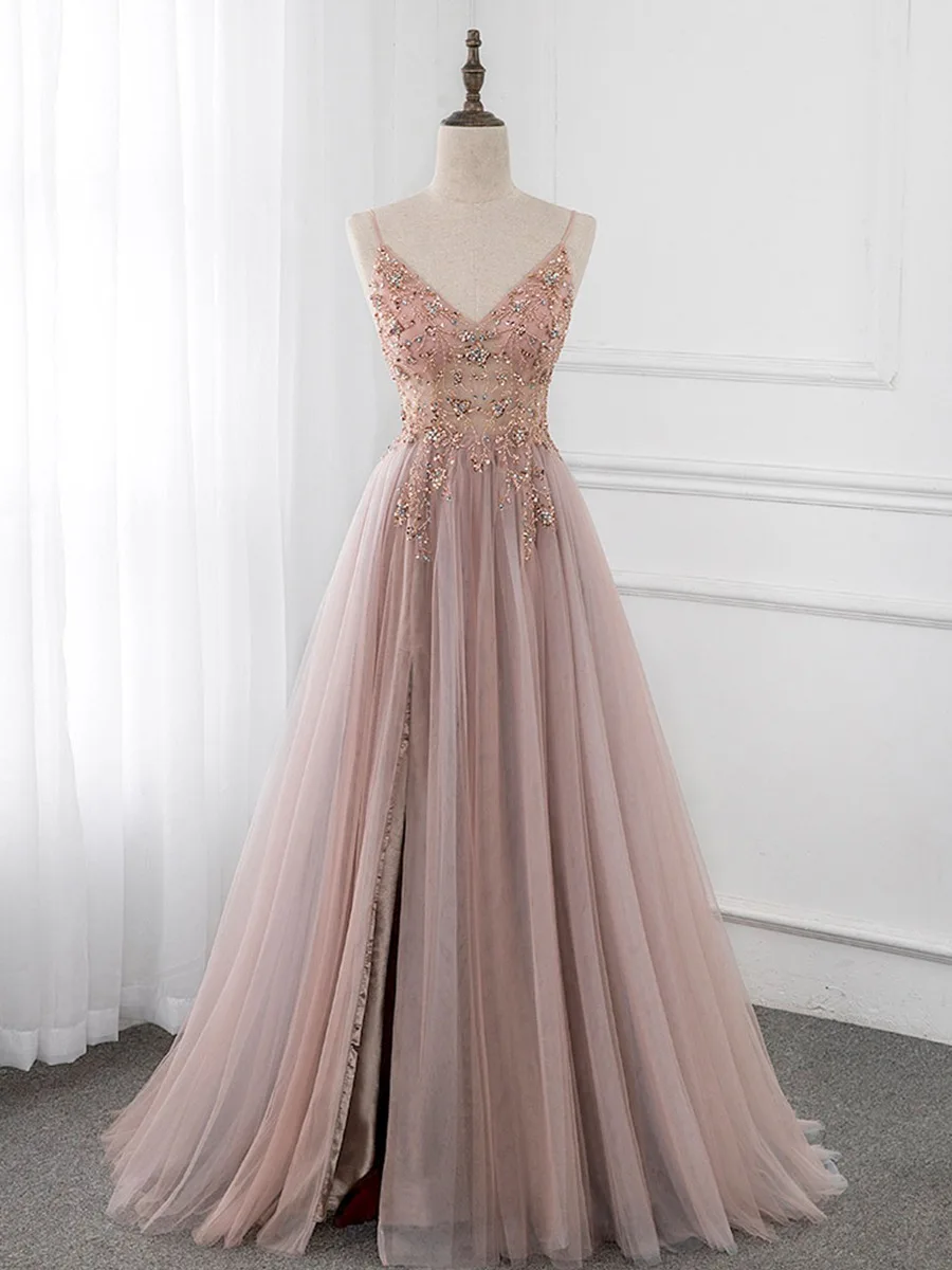 Luxury Dusty Pink Bridesmaid Dresses Spaghetti Straps V-Neck Rhinestones Beading Crystal Wedding Paety Formal Prom Evening Gowns